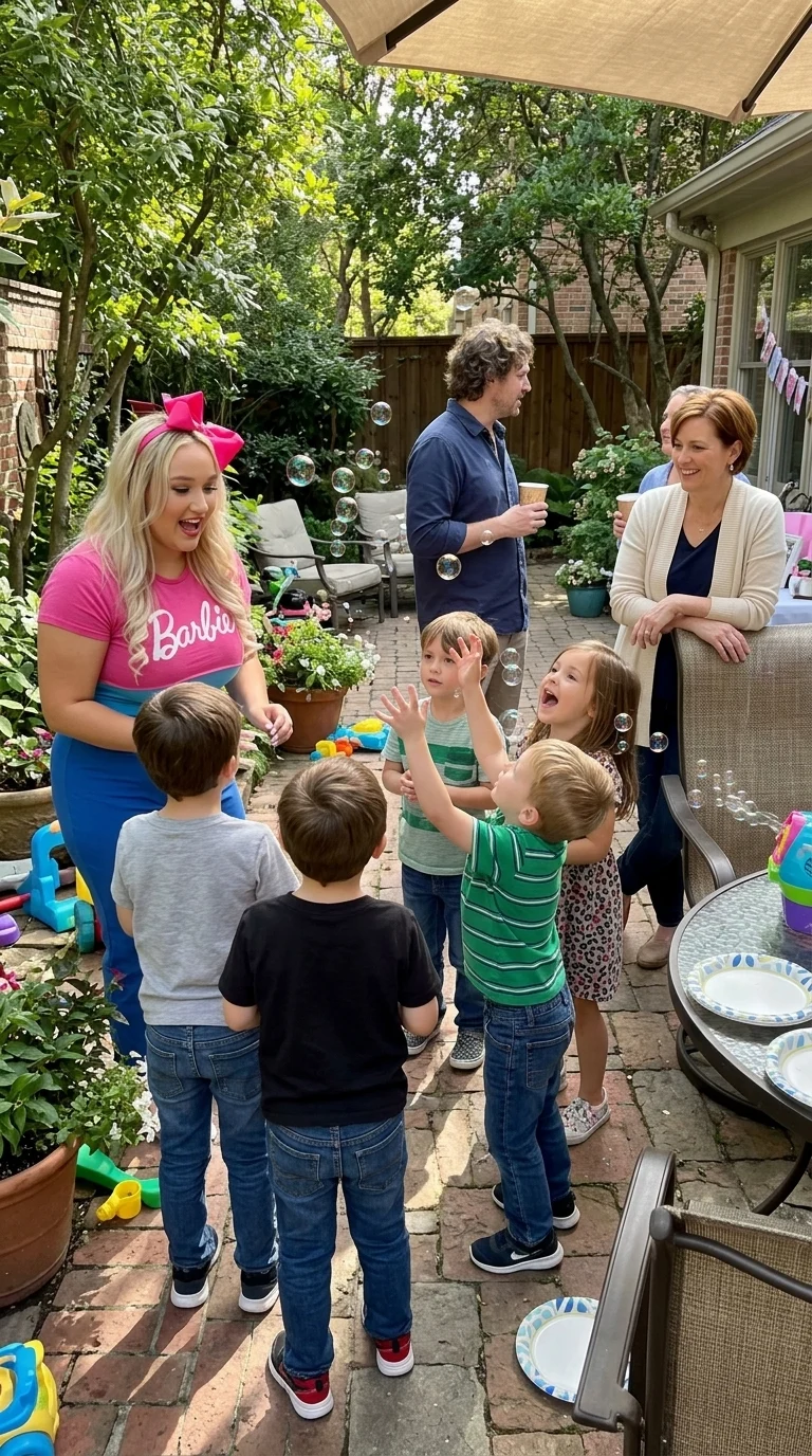 AI-generated illustration of barbie party entertainers and a birthday celebration.
