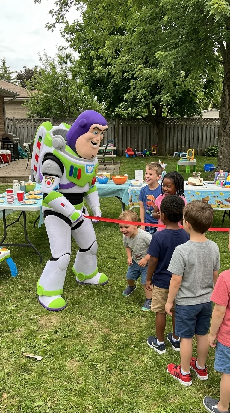 AI-generated illustration of buzzlightyear party entertainers and a birthday celebration.