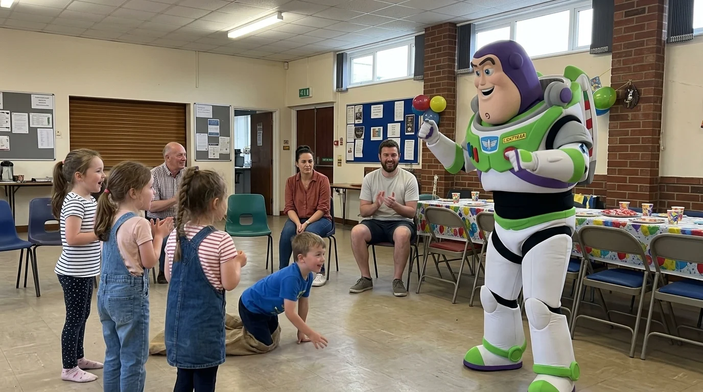 AI-generated illustration of buzzlightyear party entertainers and a birthday celebration.