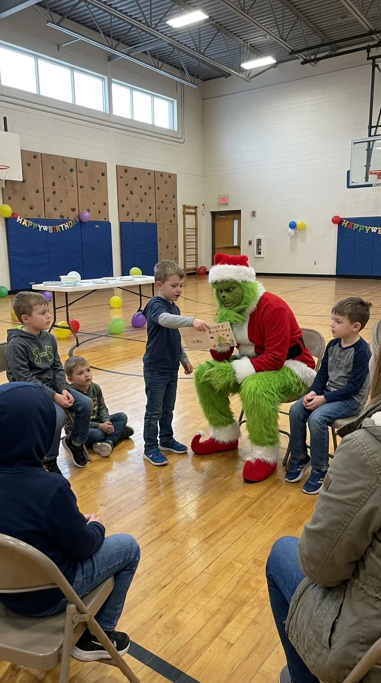 AI-generated illustration of grinch party entertainers and a birthday celebration.