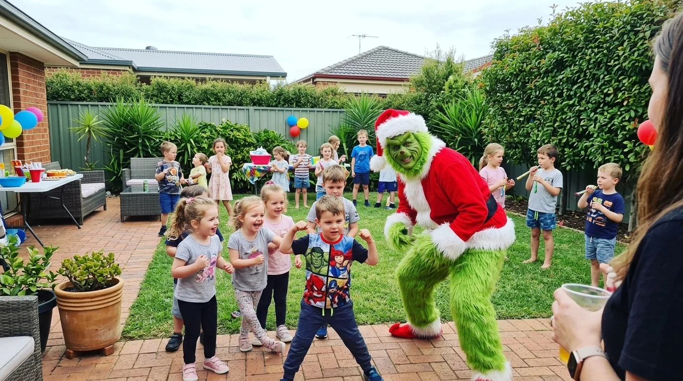AI-generated illustration of grinch party entertainers and a birthday celebration.