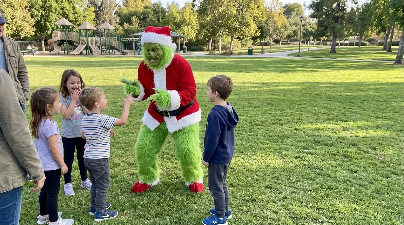 AI-generated illustration of grinch party entertainers and a birthday celebration.