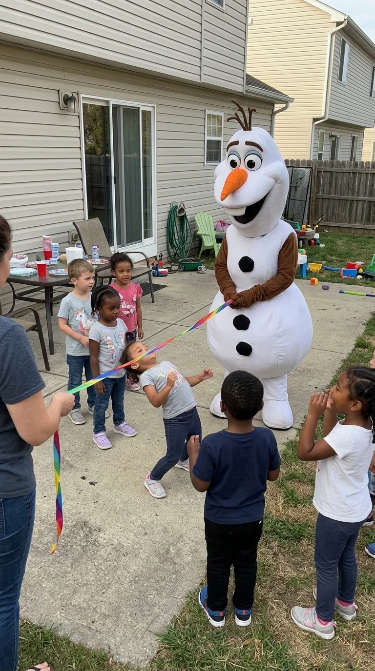 AI-generated illustration of olaf party entertainers and a birthday celebration.