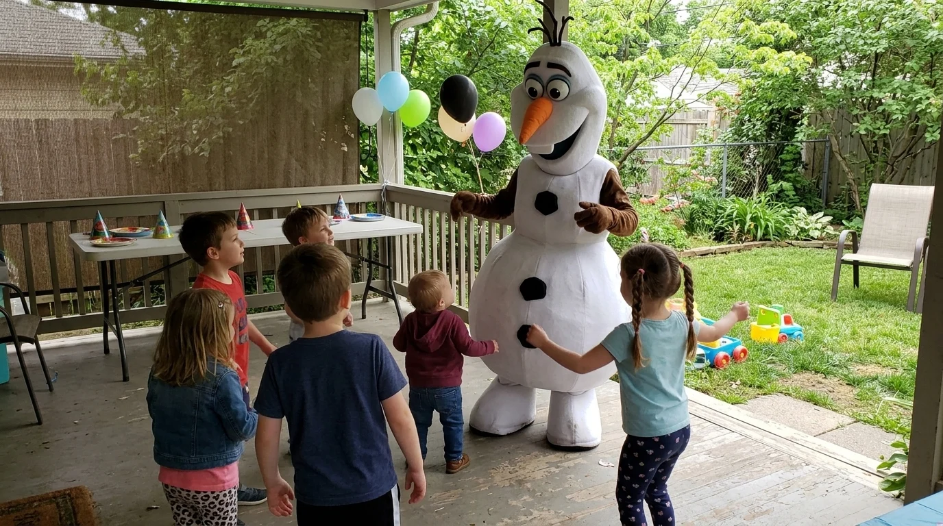 AI-generated illustration of olaf party entertainers and a birthday celebration.
