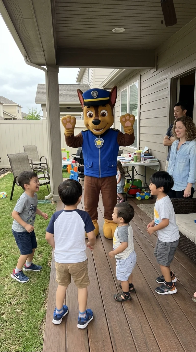 AI-generated illustration of paw patrol chase party entertainers and a birthday celebration.