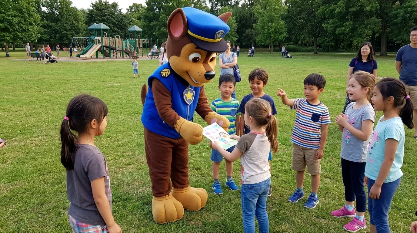 AI-generated illustration of paw patrol chase party entertainers and a birthday celebration.