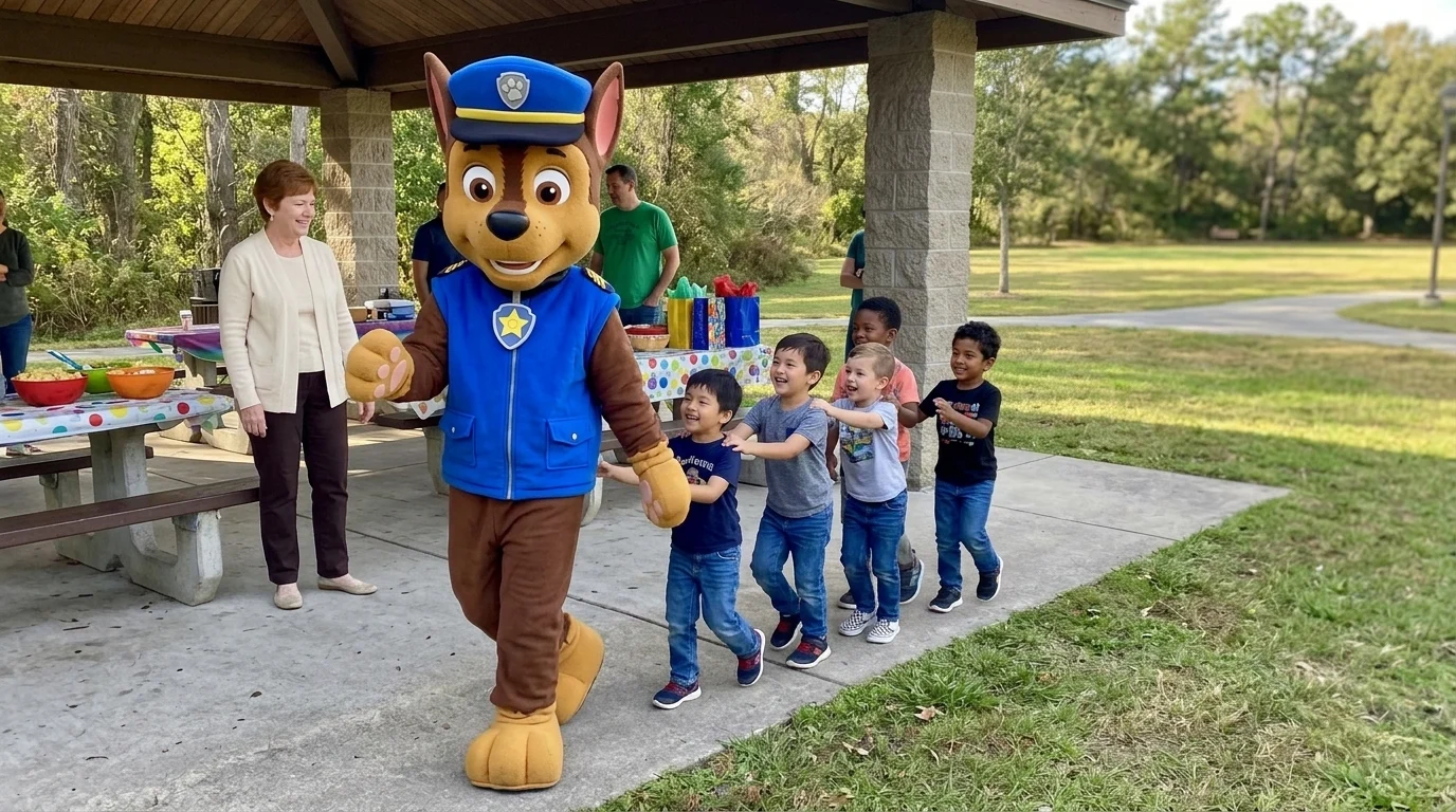 AI-generated illustration of paw patrol chase party entertainers and a birthday celebration.