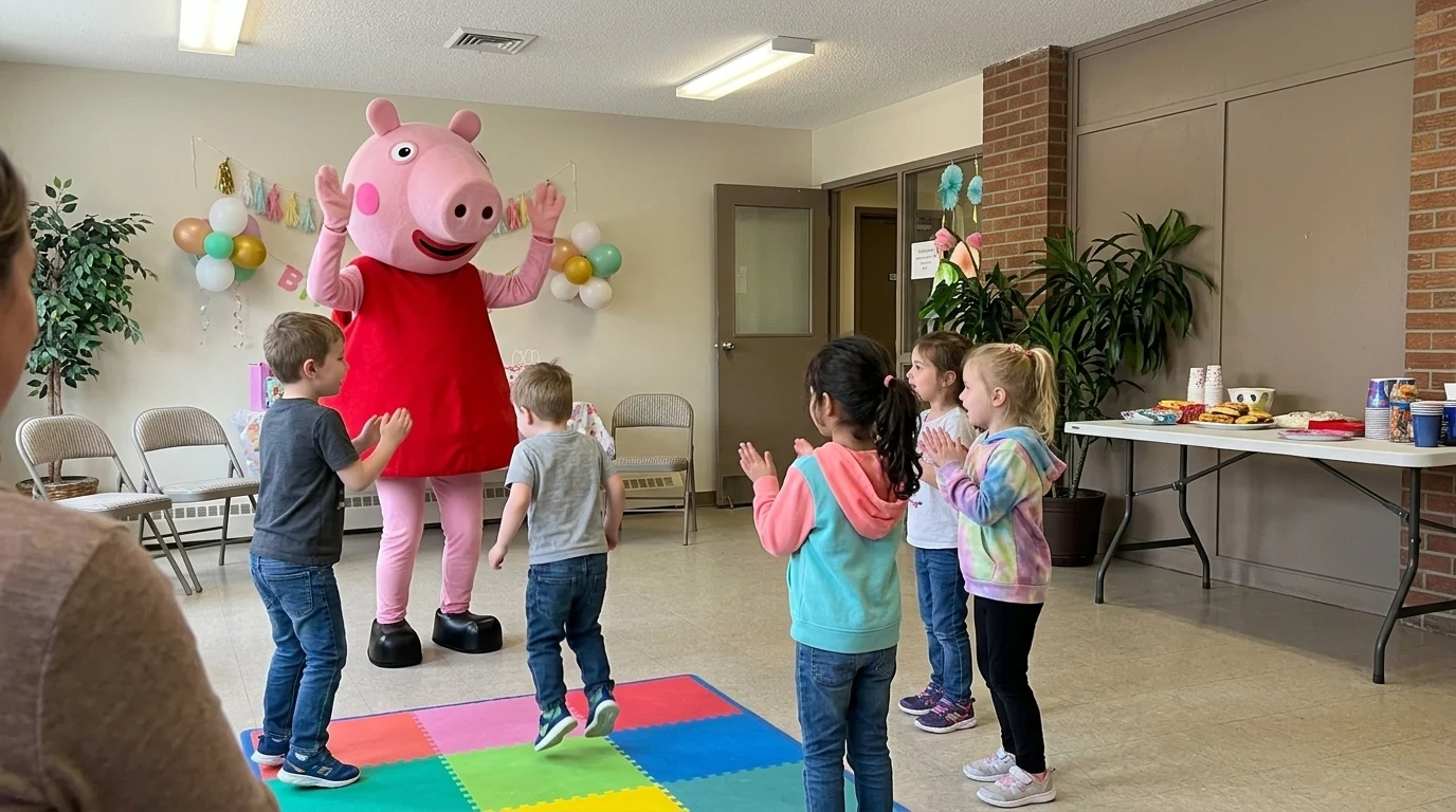 AI-generated illustration of peppa pig party entertainers and a birthday celebration.