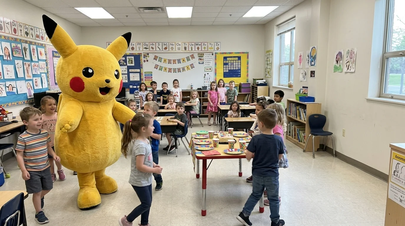 AI-generated illustration of pikachu party entertainers and a birthday celebration.