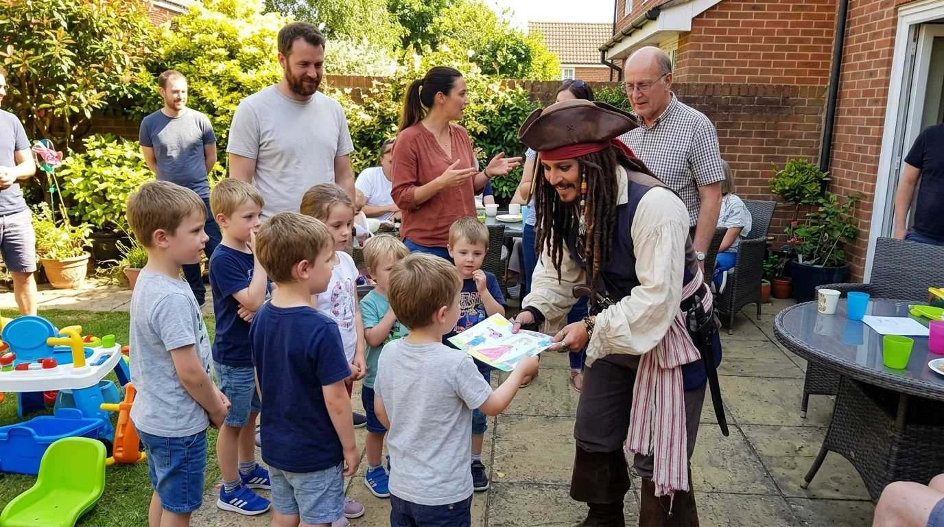 AI-generated illustration of pirate sparrow party entertainers and a birthday celebration.