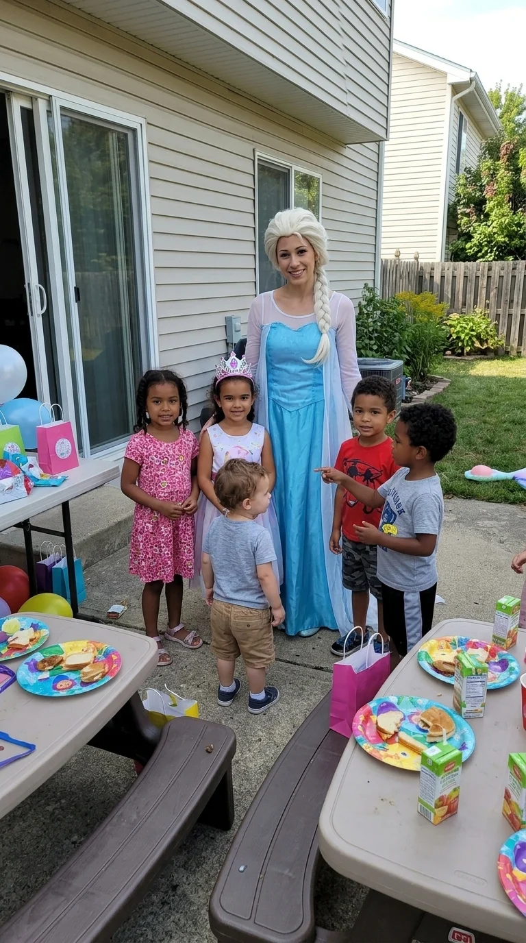 AI-generated illustration of princess frozen else party entertainers and a birthday celebration.