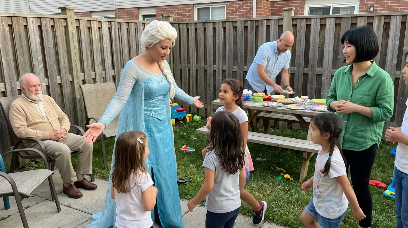AI-generated illustration of princess frozen else party entertainers and a birthday celebration.