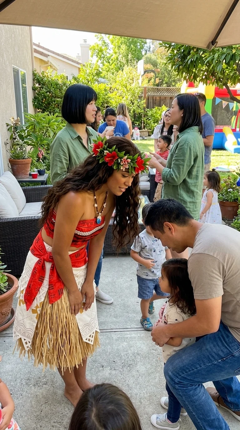 AI-generated illustration of princess moana party entertainers and a birthday celebration.