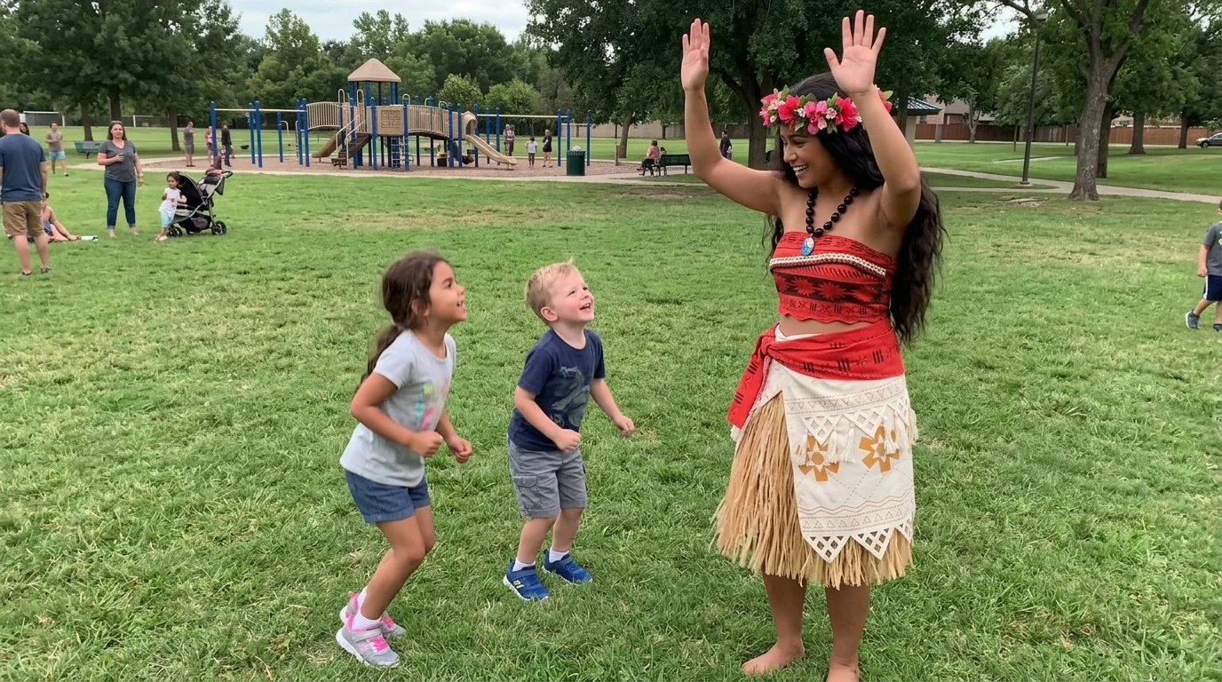 AI-generated illustration of princess moana party entertainers and a birthday celebration.
