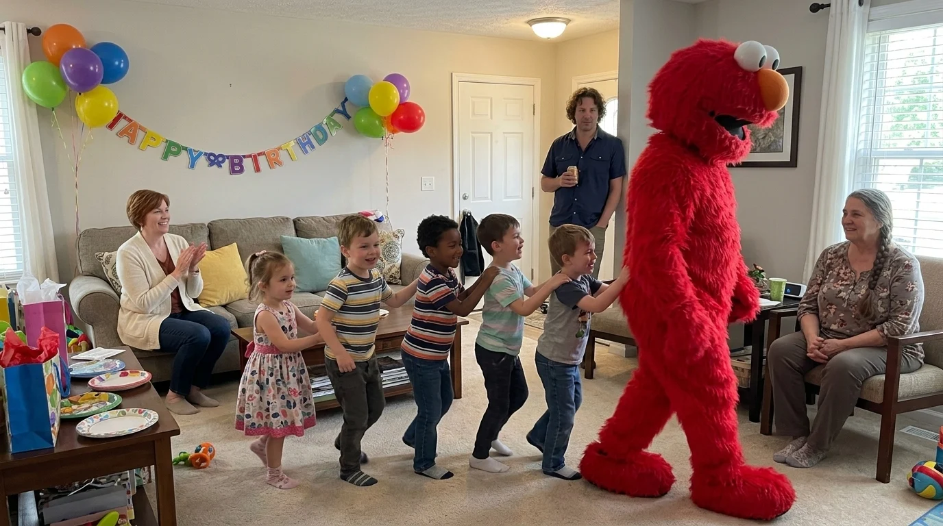 AI-generated illustration of red monster party entertainers and a birthday celebration.