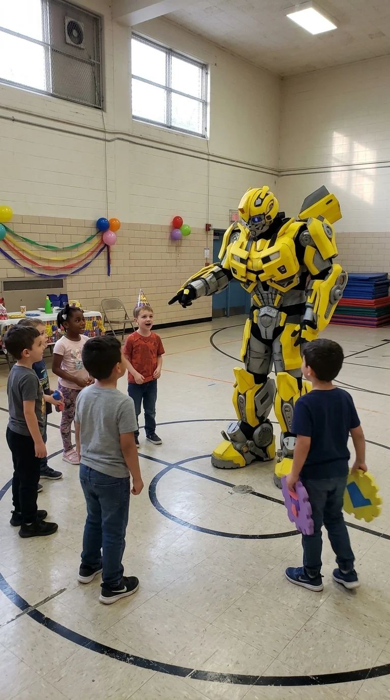 AI-generated illustration of robot bumble bee character party entertainers and a birthday celebration.