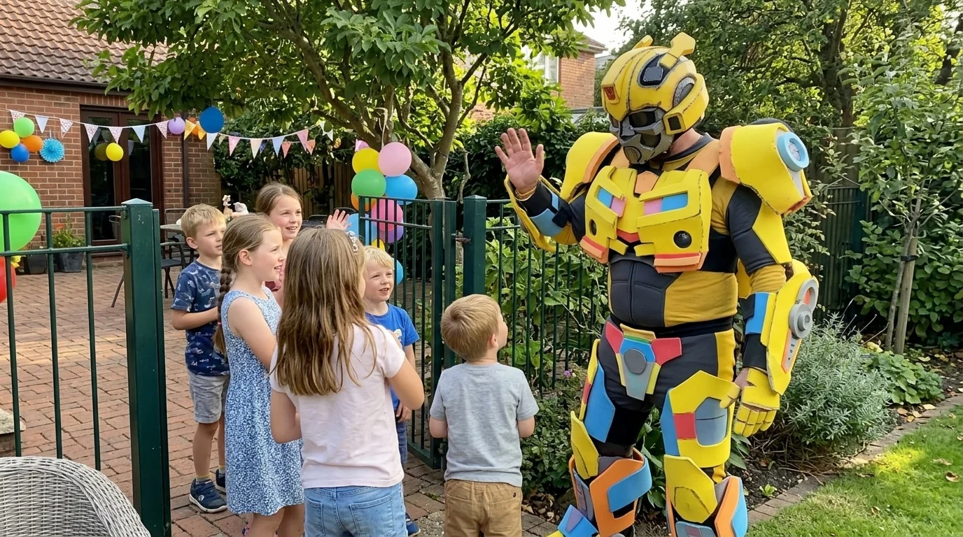 AI-generated illustration of robot bumble bee character party entertainers and a birthday celebration.