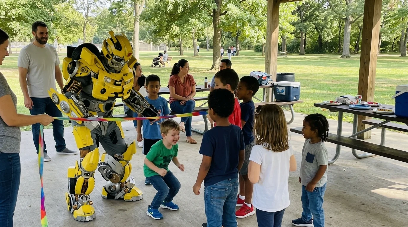 AI-generated illustration of robot bumble bee character party entertainers and a birthday celebration.