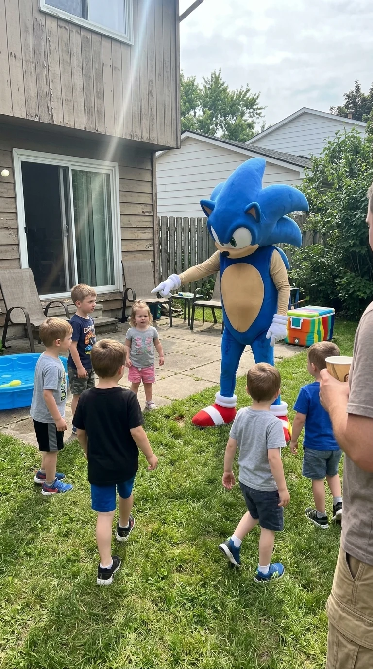 AI-generated illustration of sonic mascot party entertainers and a birthday celebration.
