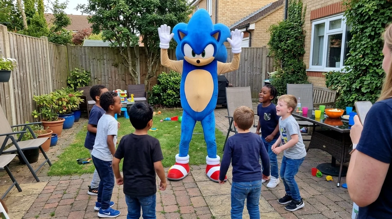 AI-generated illustration of sonic mascot party entertainers and a birthday celebration.