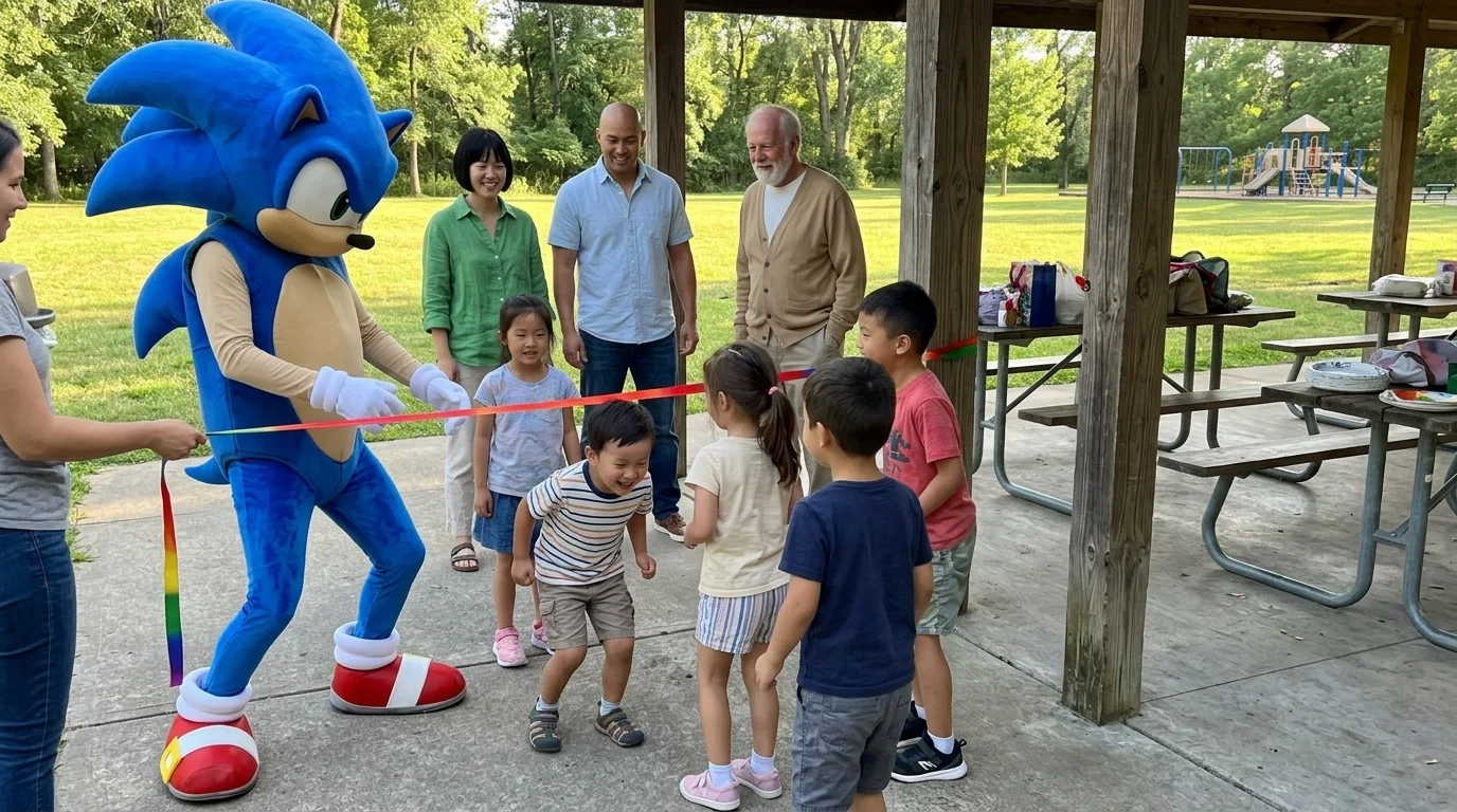 AI-generated illustration of sonic mascot party entertainers and a birthday celebration.