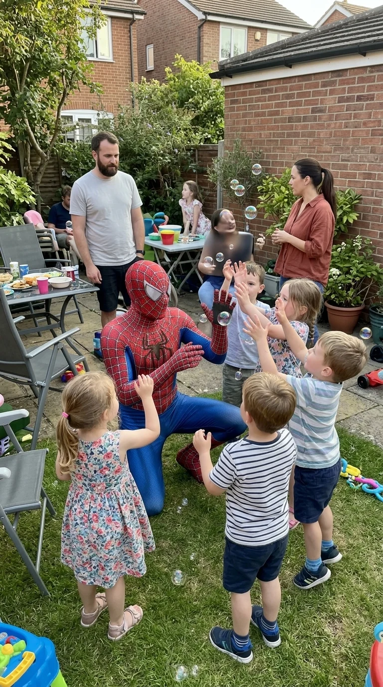 AI-generated illustration of spiderman superhero party entertainers and a birthday celebration.