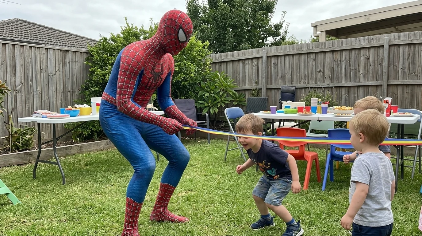 AI-generated illustration of spiderman superhero party entertainers and a birthday celebration.