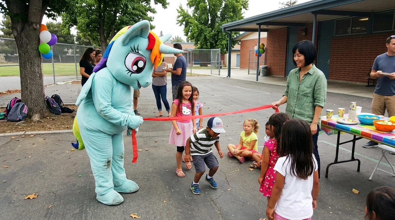 AI-generated illustration of unicorn party entertainers and a birthday celebration.