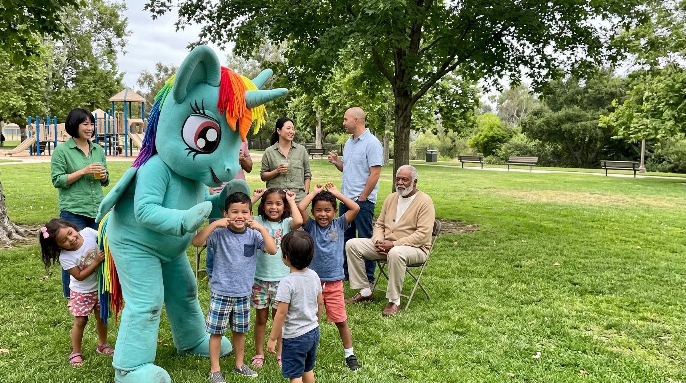 AI-generated illustration of unicorn party entertainers and a birthday celebration.