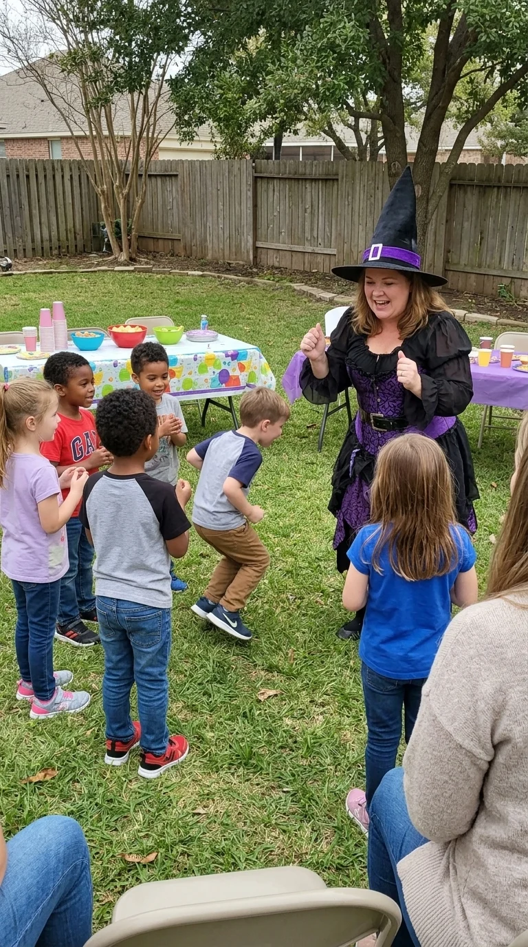 AI-generated illustration of witch party entertainers and a birthday celebration.