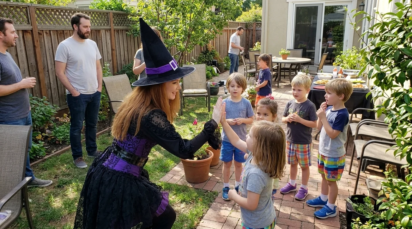AI-generated illustration of witch party entertainers and a birthday celebration.