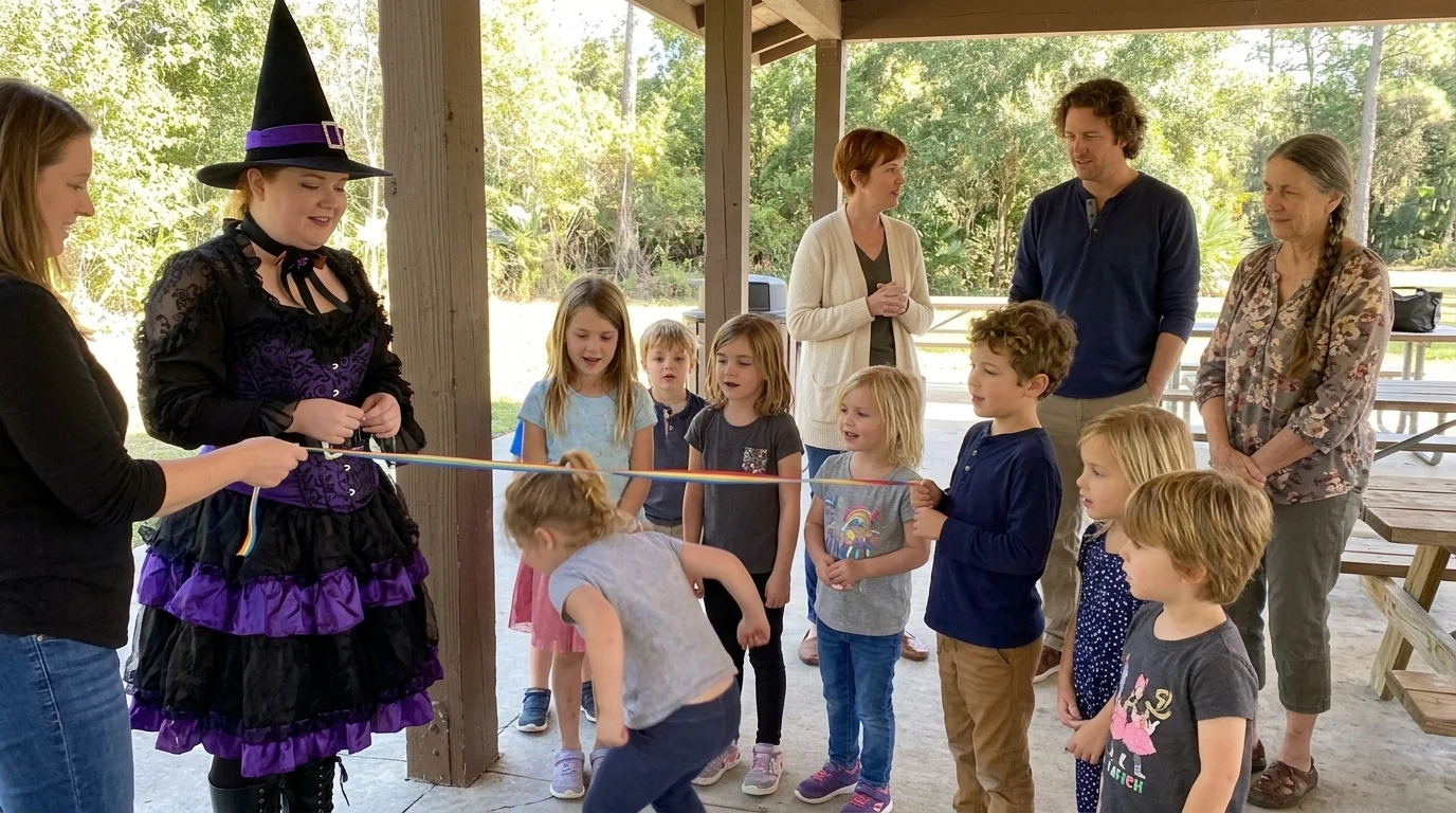 AI-generated illustration of witch party entertainers and a birthday celebration.