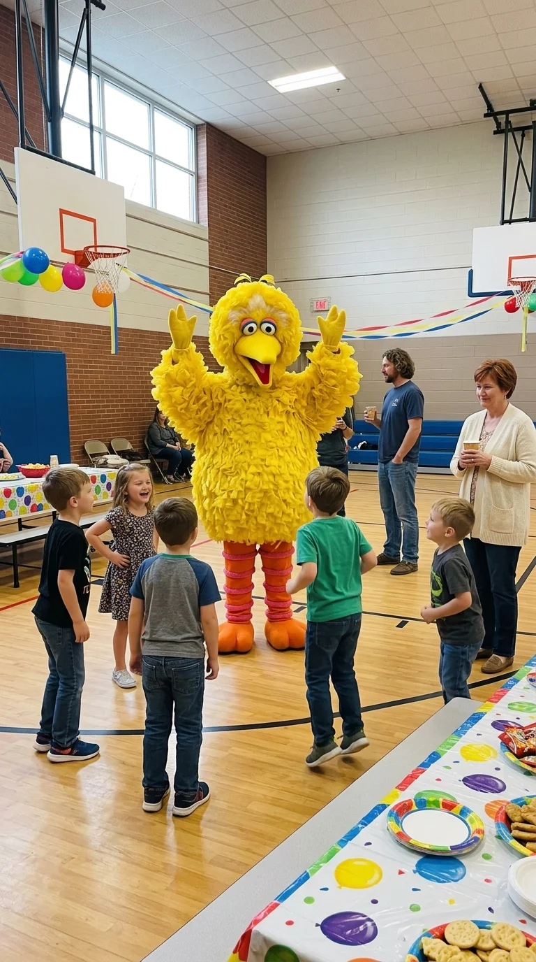 AI-generated illustration of yellow bird party entertainers and a birthday celebration.