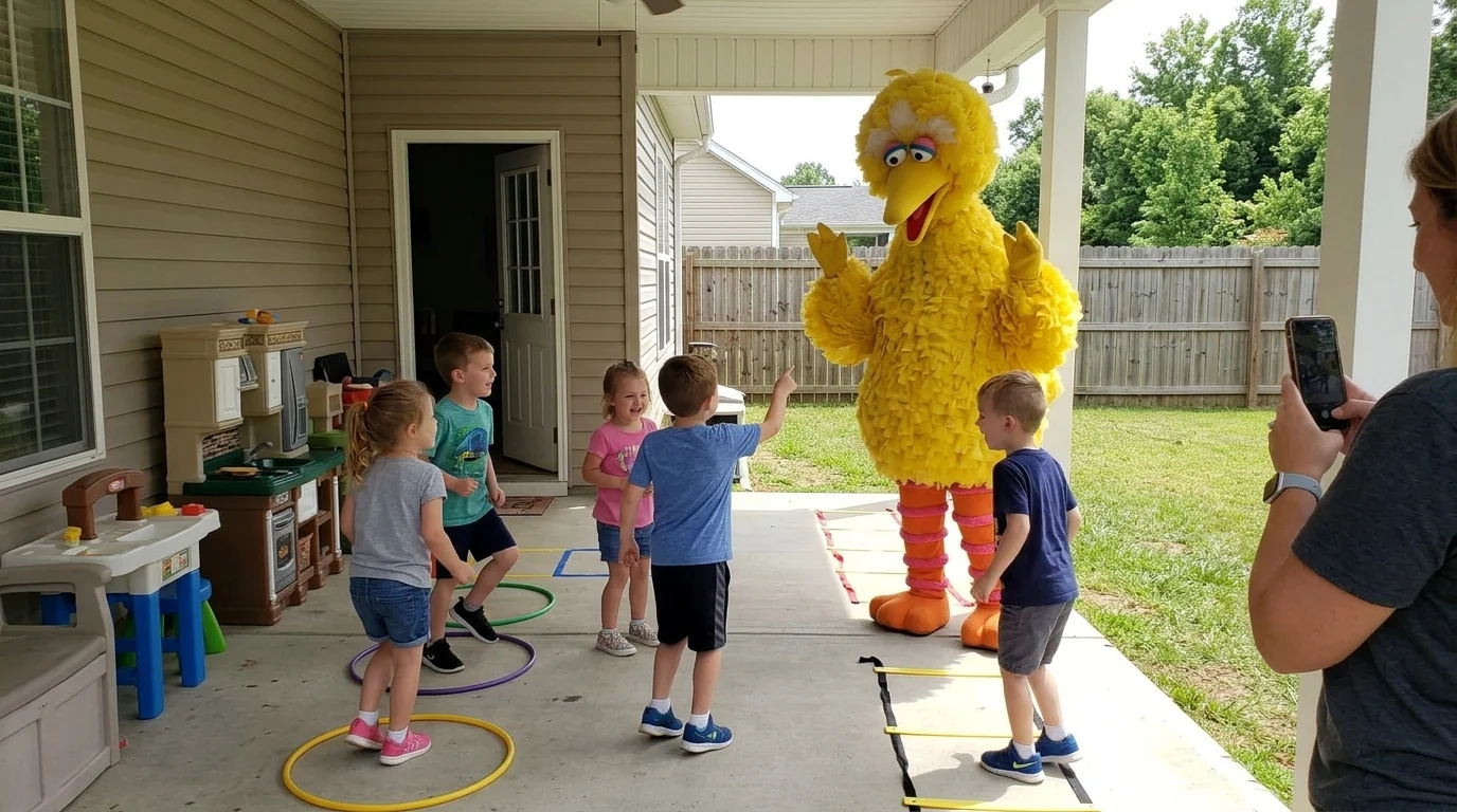 AI-generated illustration of yellow bird party entertainers and a birthday celebration.