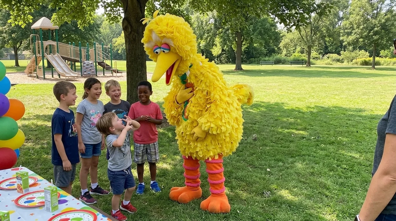 AI-generated illustration of yellow bird party entertainers and a birthday celebration.