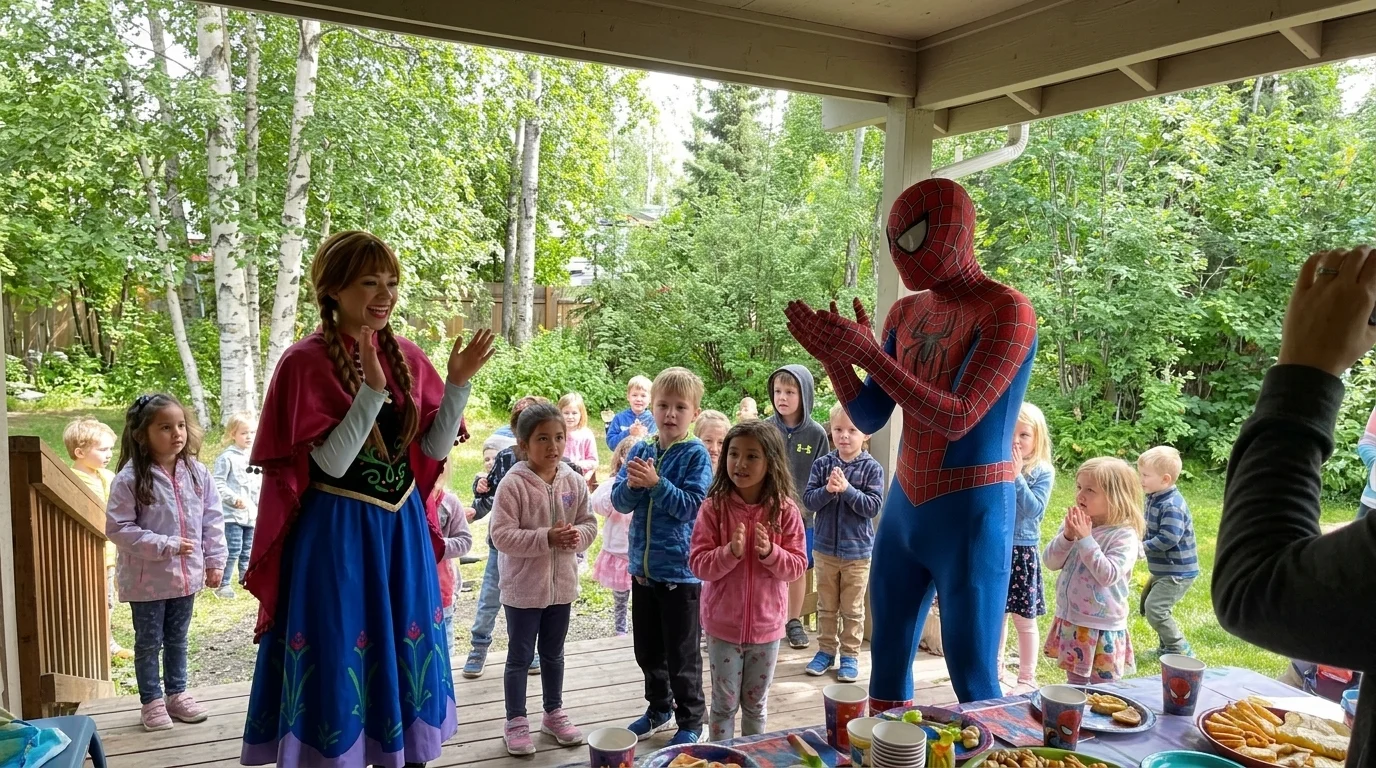 AI-generated illustration of anchorage ak party entertainers and a birthday celebration.