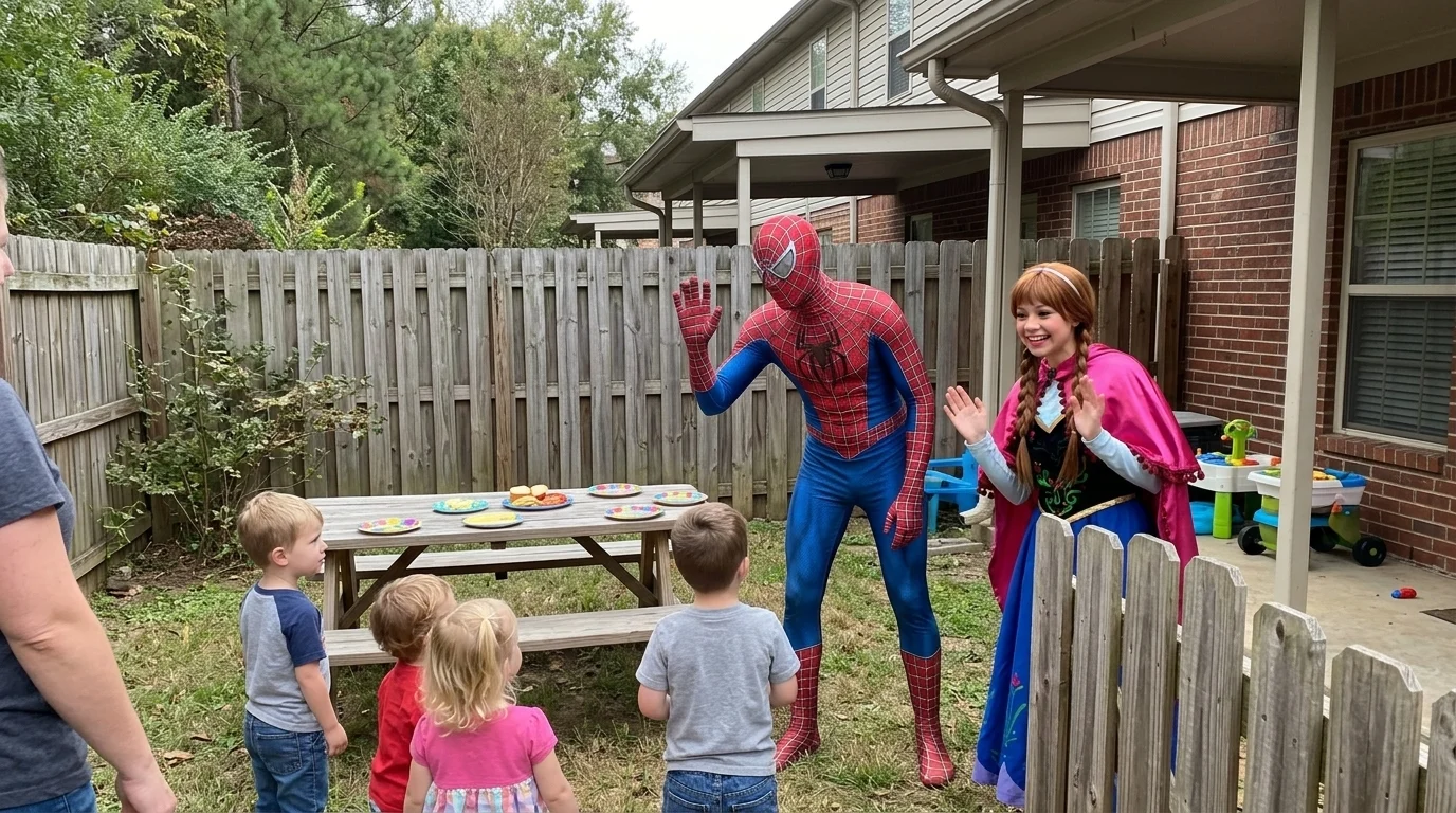 AI-generated illustration of little rock ar party entertainers and a birthday celebration.