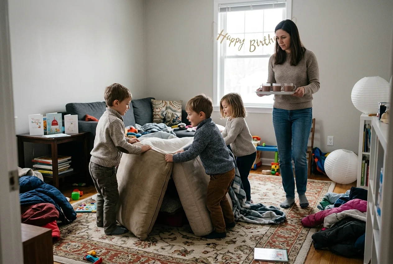 Illustration: Children building a cozy indoor fort at a winter birthday