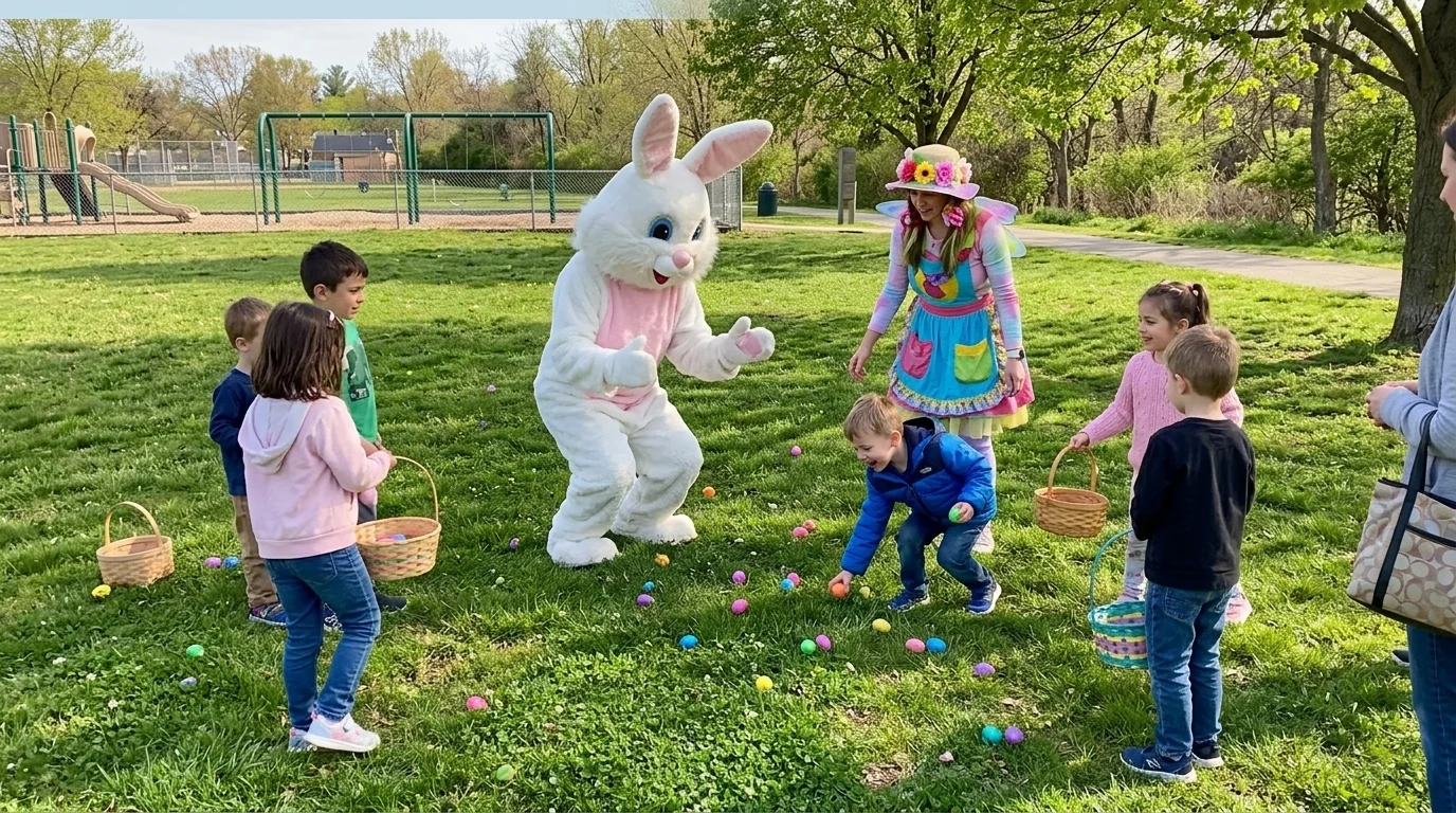 AI-generated illustration of spring party entertainers and a birthday celebration.