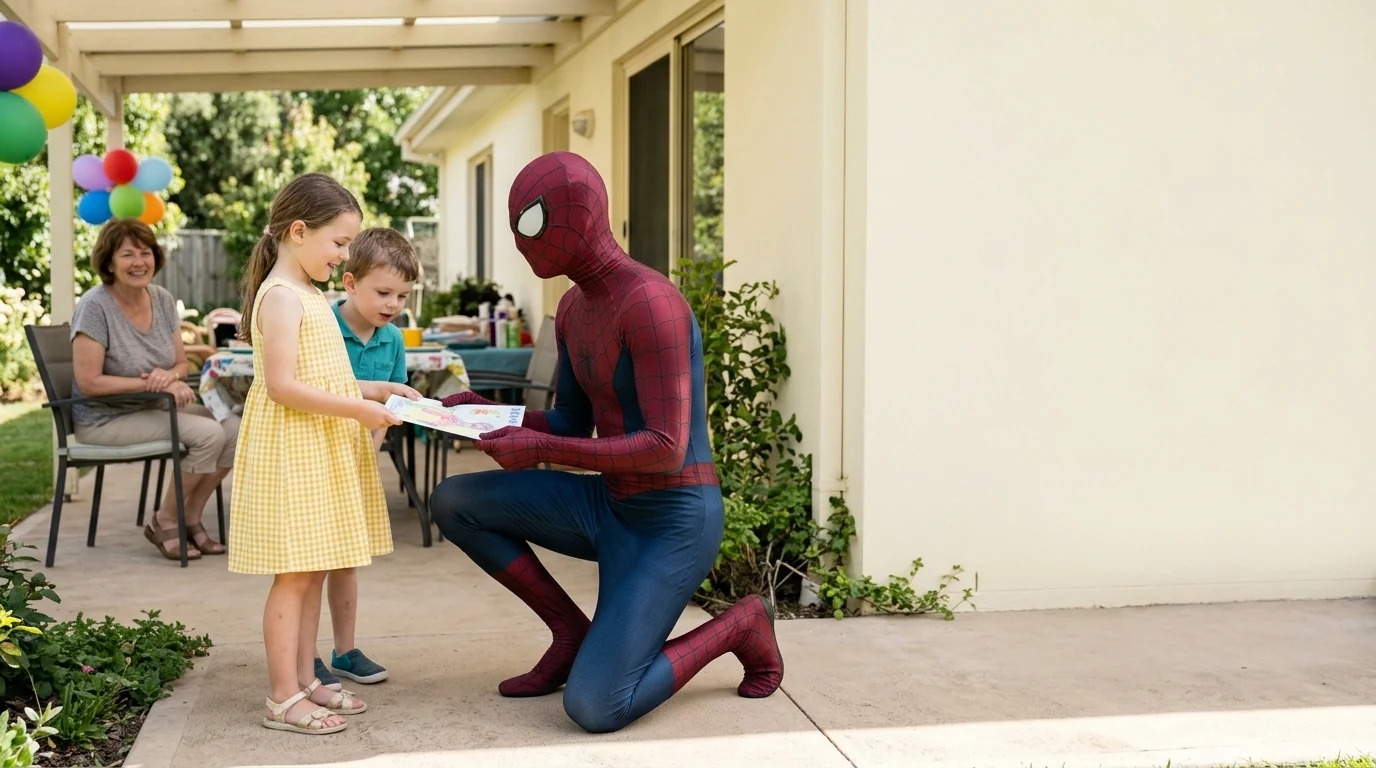 A child shares a birthday drawing with a costumed Spider-Man entertainer. AI-generated party illustration.