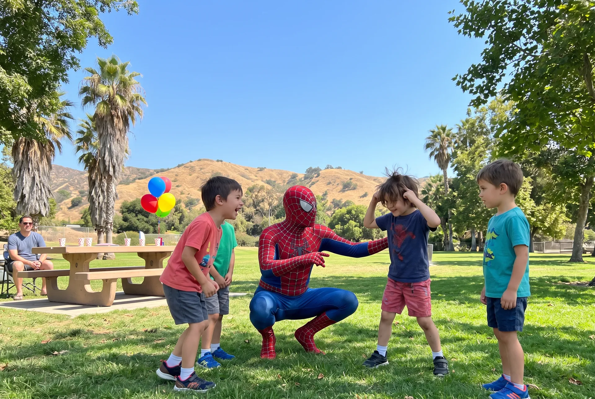 Children playing a superhero game with a costumed entertainer in a sunny Los Angeles park