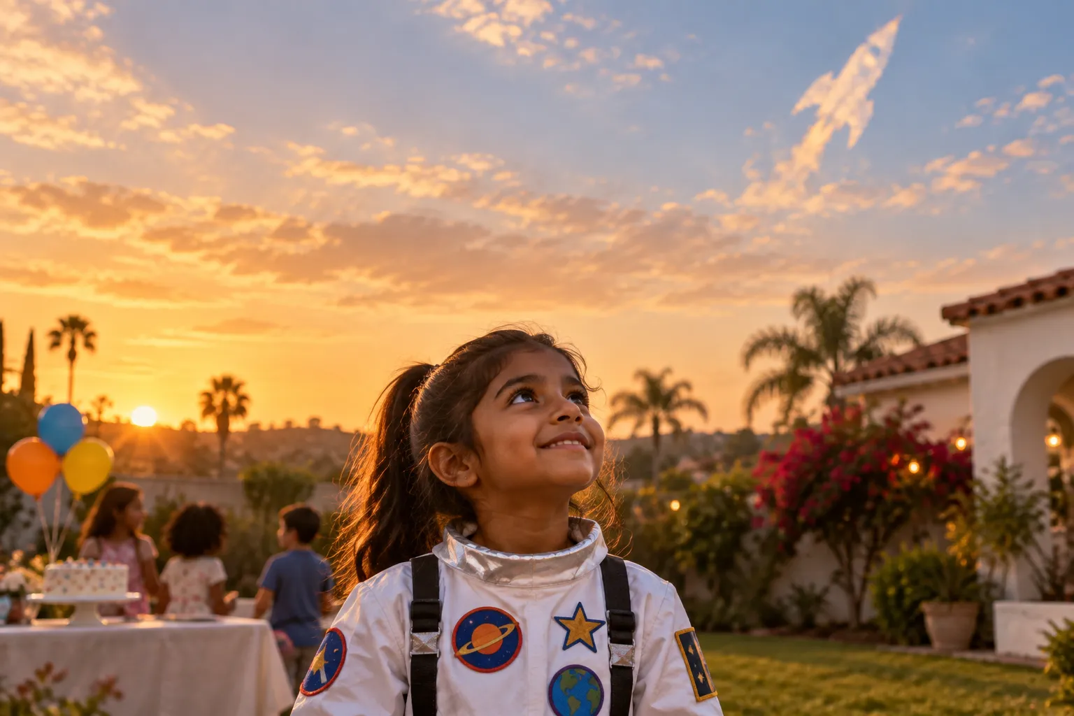 A girl in an astronaut costume at a backyard birthday party in Antioch, California, looking up at the sky