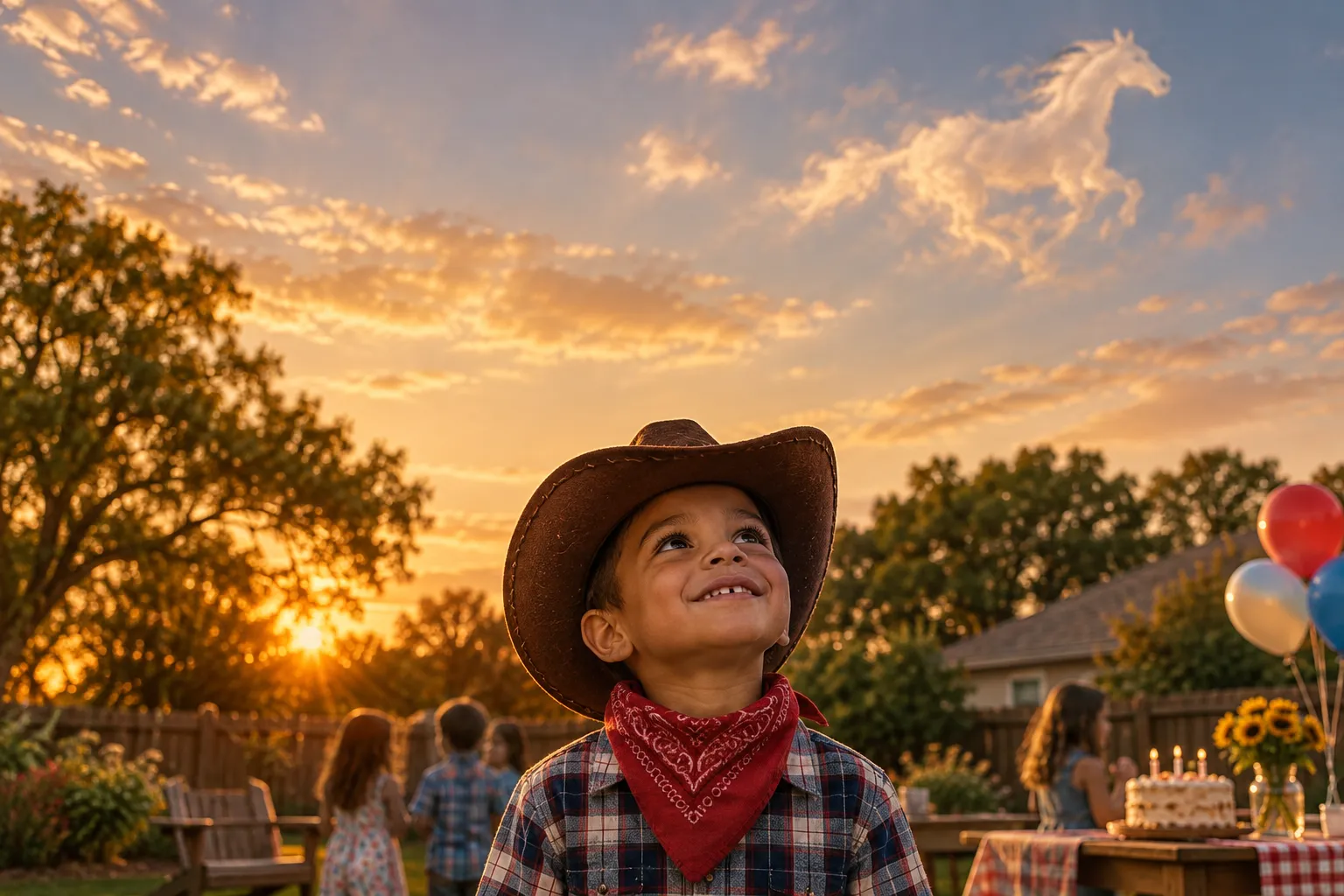 A boy in a cowboy hat at a backyard birthday party in Broken Arrow, Oklahoma, looking up at the sky