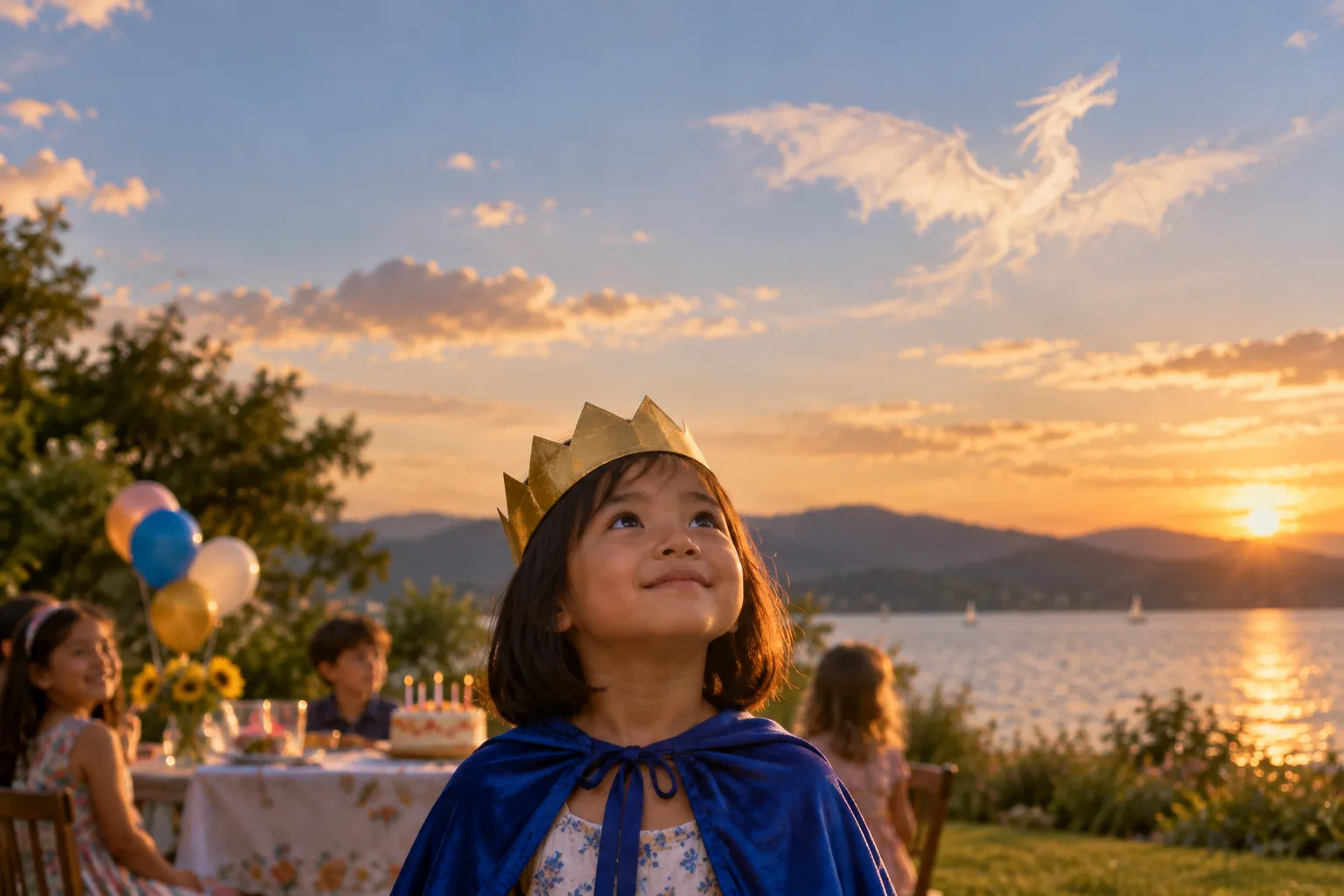 A girl in a royal cape at a backyard birthday party in Burlington, Vermont, looking up at the sky