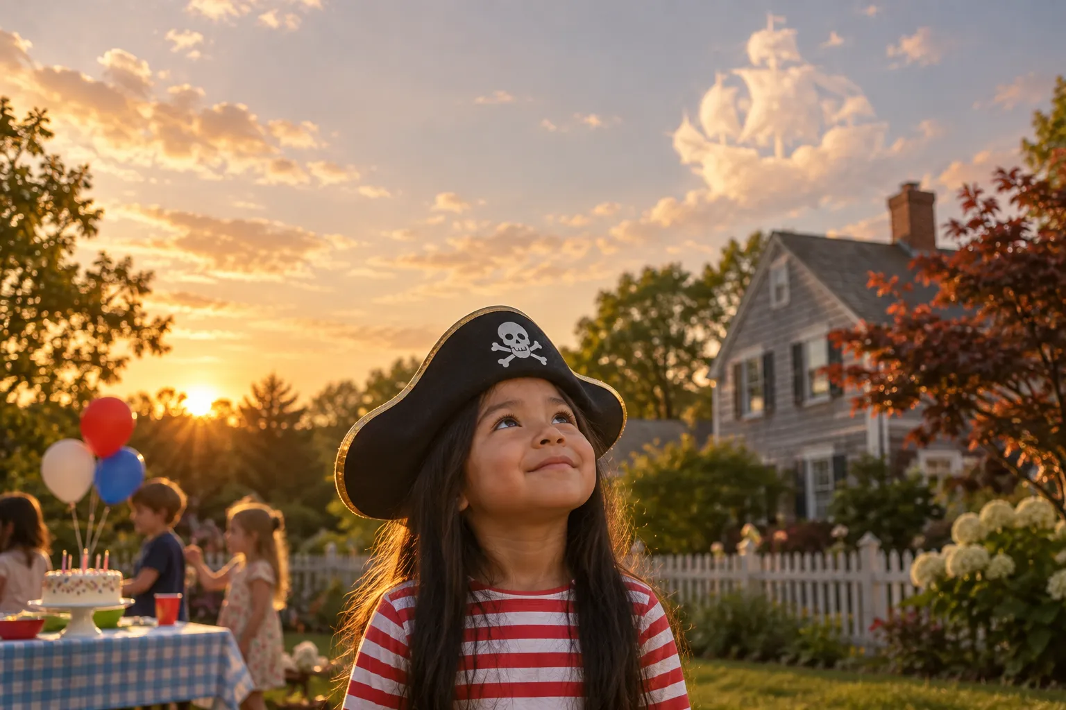 A girl in a pirate hat at a backyard birthday party in Cambridge, Massachusetts, looking up at the sky