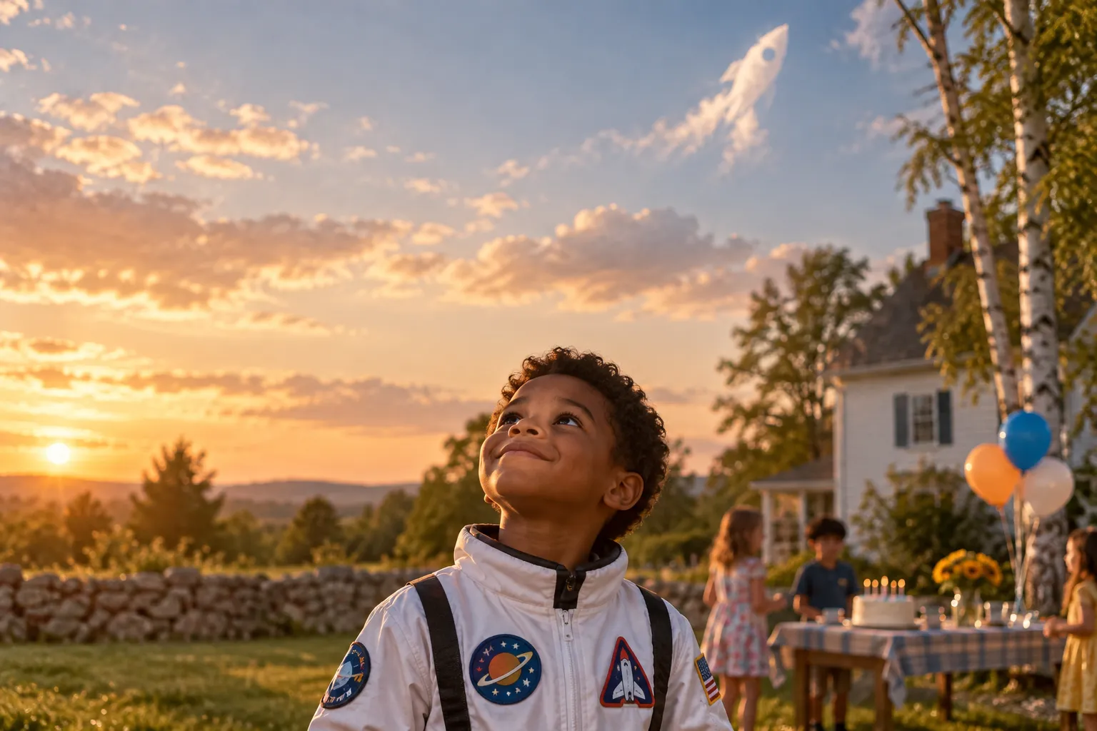 A boy in an astronaut costume at a backyard birthday party in Concord, New Hampshire, looking up at the sky