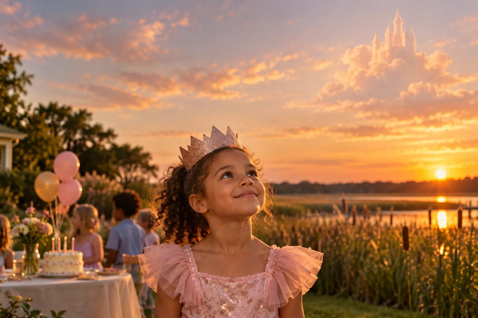 A girl in a paper crown at a backyard birthday party in Dover, Delaware, looking up at the sky