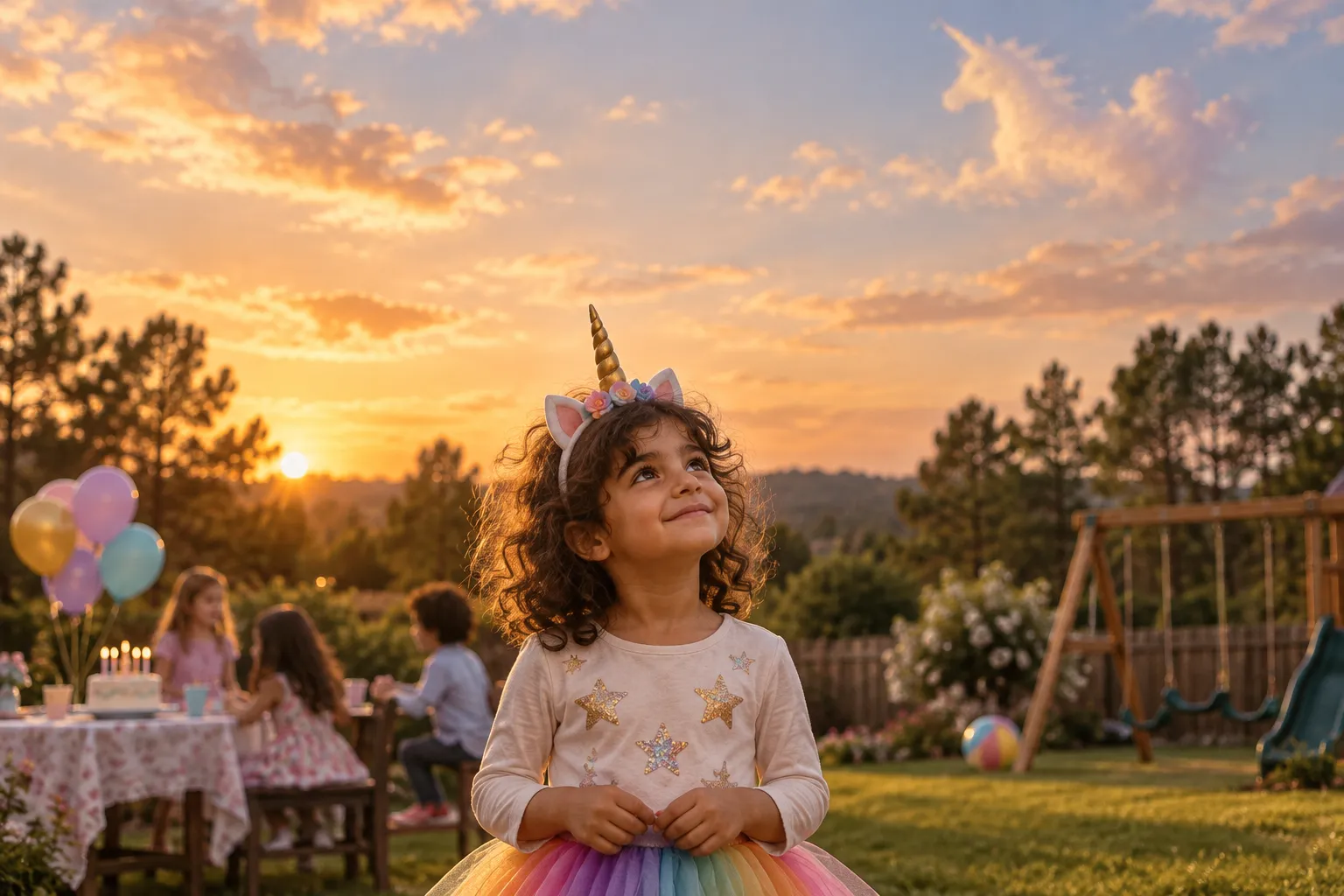 A boy in a unicorn headband at a backyard birthday party in Fayetteville, Arkansas, looking up at the sky