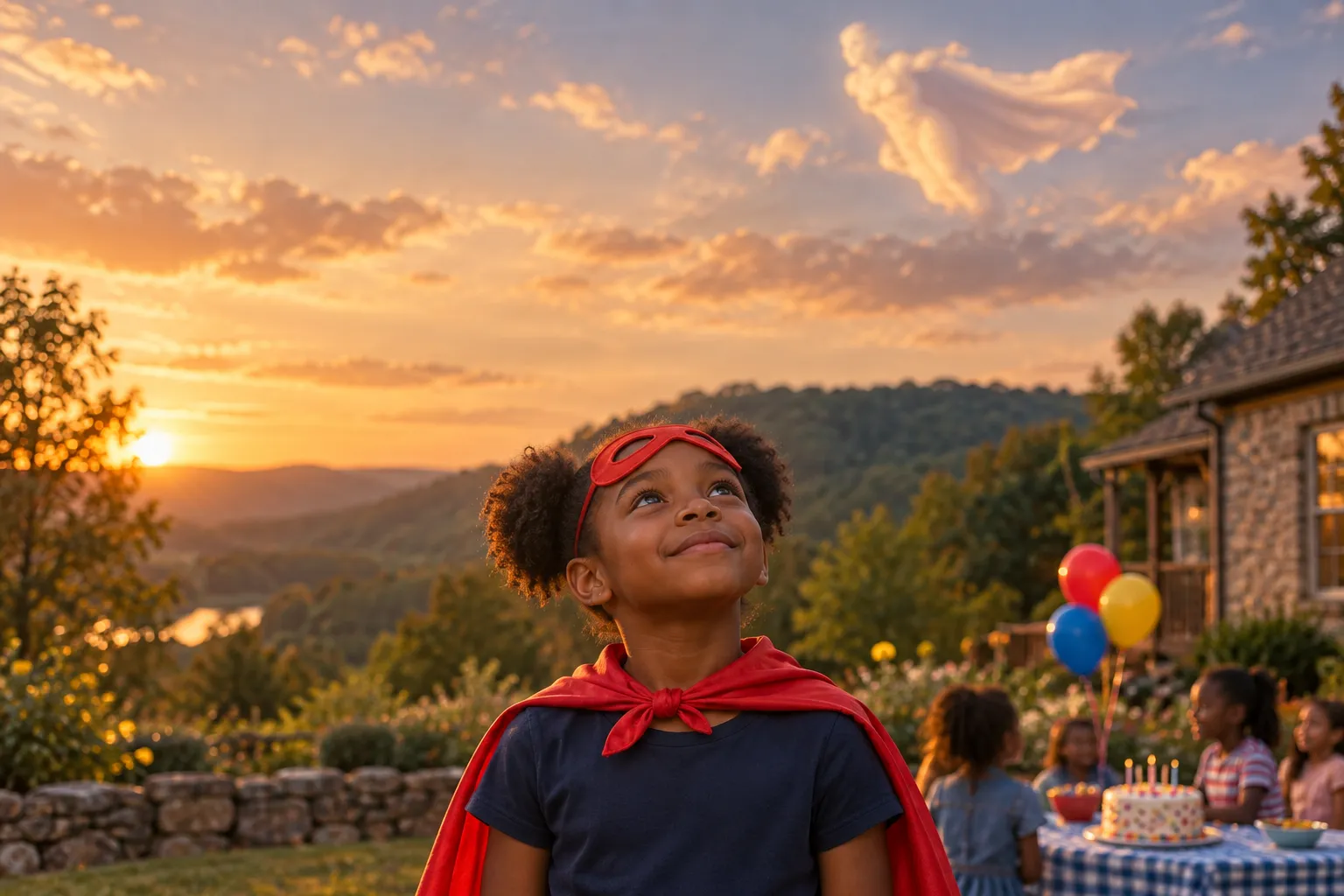 A girl in a red cape at a backyard birthday party in Fort Smith, Arkansas, looking up at the sky