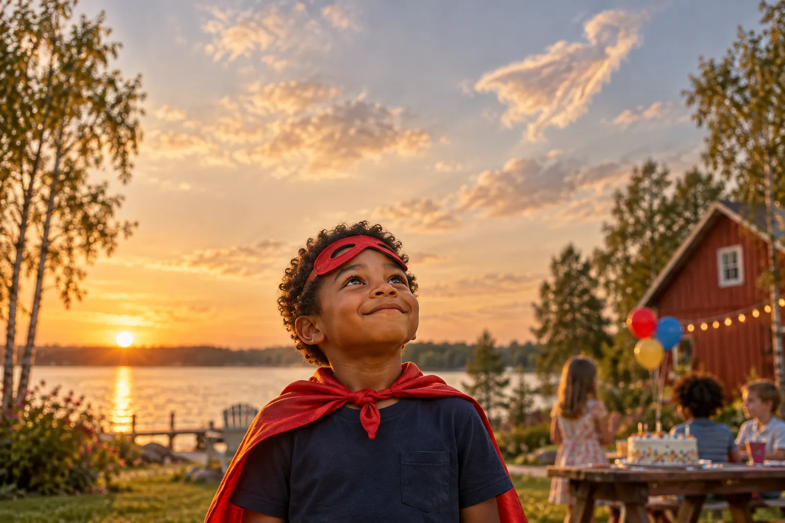 A boy in a red cape at a backyard birthday party in Green Bay, Wisconsin, looking up at the sky